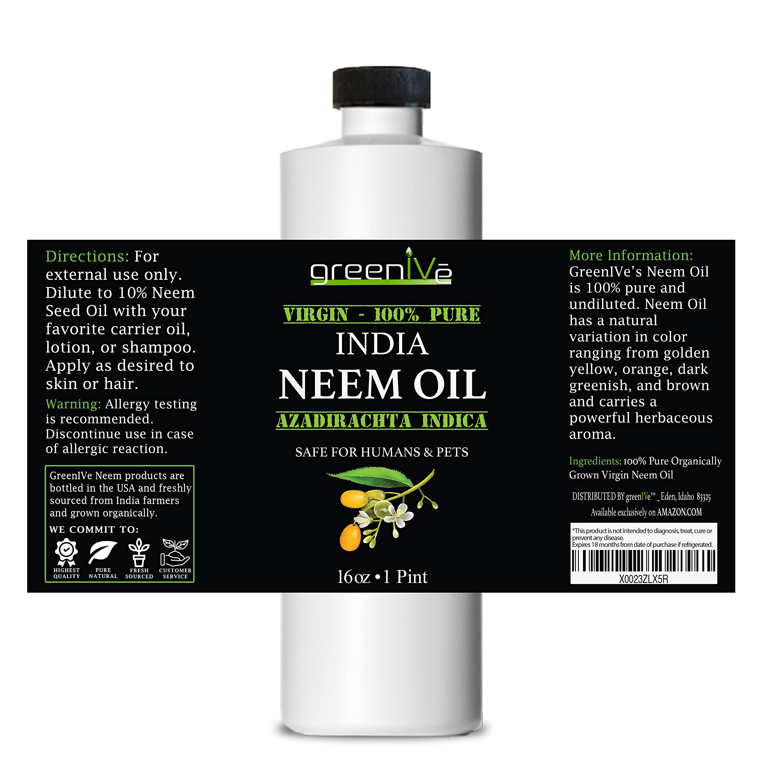 Greenive - Neem Oil - 100% Organically Grown Neem Oil - Cold Pressed Virgin Neem Oil - Exclusively on Amazon (16 Ounce)